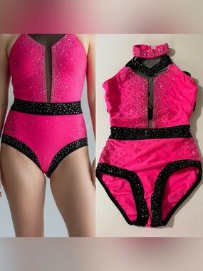 Glamour solo dance costume illusion hot pink bling stoned bedazzled XSA adult